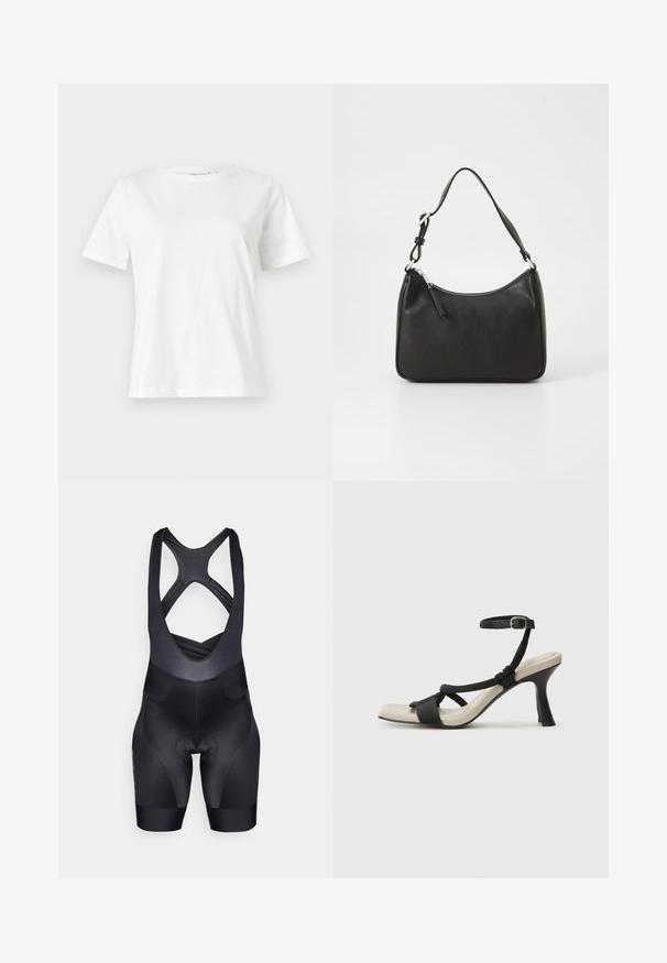 Bela bombažna majica s kratkimi rokavi, okroglo izrezana in ohlapnega kroja. Gladka tekstura, brez vzorcev ali dodatkov, minimalističen dizajn.; Črne kolesarske kratke hlače z ujemajočim se krojem, teksturiranim zgornjim delom in oblazinjenim predelom za sedenje. Imajo križne naramnice in nimajo vidnih logotipov.; Črne sandale na visoki peti z prepletenim trakom, kvadratnim nosom in nastavljivim gležnjenjem. Svetlo bež podplat z sijajno črno peto.; Črna usnjena torba za roke s ukrivljenim oblikom, enim trakom, zadrgo in diskretnim blagovnim znamkom na sprednjem delu. Gladka tekstura, minimalističen dizajn.