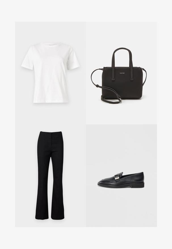 Valge puuvillane T-särk lühikeste varrukatega, ümmarguse kaelusega ja vabalt istuv. Sile tekstuur, ilma mustrite ja aktsentideta, minimalistik disain.; Mustad flared püksid sujuva tekstuuri ja täiusliku istuvusega. Omavad kõrget vööd ja minimalistikku disaini. Ei ole nähtavaid mustreid ega tarkvara.; Must musta loafer musta silma ristkülikukujuline pandla peal ja madal konts valgel taustal.; Musthave mustrans vöö ja eemaldatav õlarihm. Gludike nahk siledaga, millel on tõmblukk ja logo detail.