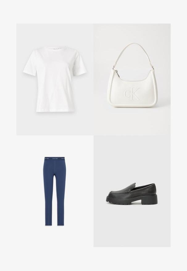 T-shirt de algodão branco com mangas curtas, decote redondo e um corte descontraído. Textura suave, sem padrões ou detalhes, design minimalista.; Leggings azul marinho feitos de material elástico, com uma textura suave e uma cintura elástica com o logotipo da Calvin Klein impresso.; Mocassins de couro preto com bico arredondado, sola espessa e texturizada, e detalhes de costura minimalistas. Design elegante sem atacadores ou ferragens visíveis.; Mala de mão branca em pele com uma forma curva, apresentando um logo "CK" em relevo na frente e uma alça de ombro única. Fecho com zíper na parte superior.