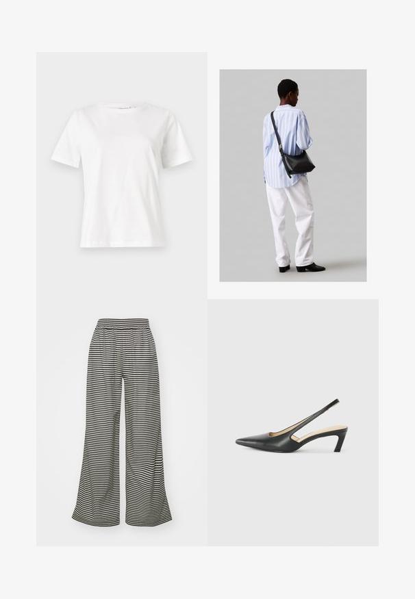 White cotton t-shirt with short sleeves, round neckline, and a relaxed fit. Smooth texture, no patterns or accents, minimalistic design.; Mads Nørgaard COLIN SONIE PANTS - Trousers - black; Black pointy-toed slingback shoe with a low heel, featuring smooth leather material and cut-out design on the side for breathability.; Black leather shoulder bag with a soft texture, triangular shape, and adjustable strap, paired with a light blue striped shirt and white pants.