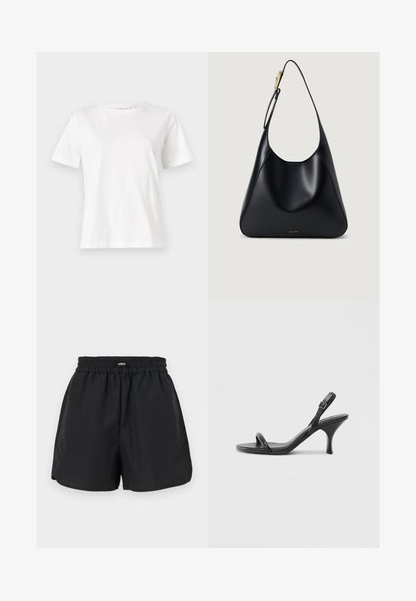 T-shirt en coton blanc à manches courtes, col rond et coupe décontractée. Texture lisse, sans motifs ni accents, design minimaliste.; Shorts noirs avec une taille élastique, détail de cordon de serrage et fentes sur les côtés. Fabriqués en tissu léger, offrant une coupe décontractée.; Sandales à talons hauts en cuir noir avec un talon fin et courbé et un design de brides croisées. Bride de cheville réglable. Texture lisse.; Sac à épaule en cuir noir avec une texture lisse, une silhouette incurvée et un accent en métal doré. Présente un logo de marque en relief à la base.