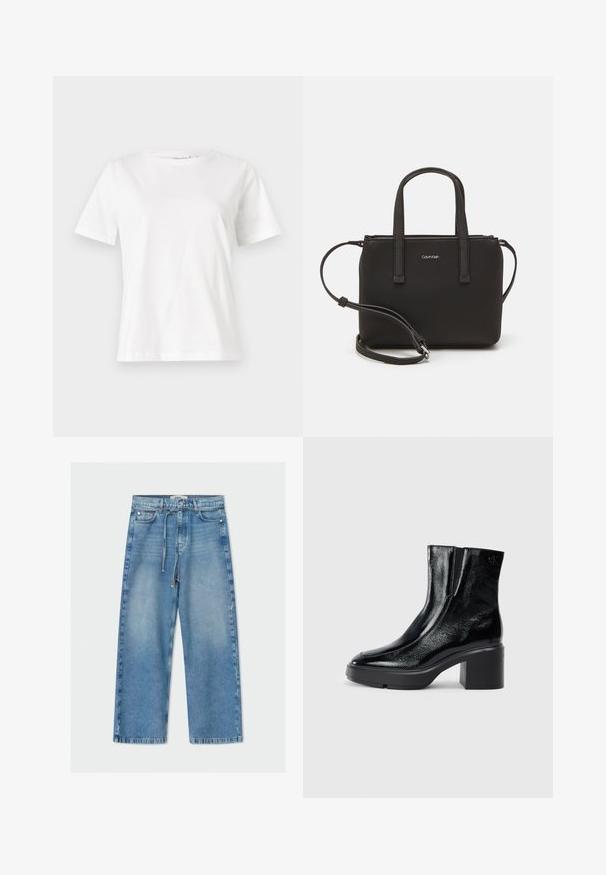 Hvid bomulds t-shirt med korte ærmer, rund halsudskæring og en afslappet pasform. Glat tekstur, ingen mønstre eller accenter, minimalistisk design.; Lyst blå denim wide-leg jeans med høj talje, snøre, fem-lomme design og rå kantdetalje.; Sorte patenterede læderankelstøvler med en buet tå, elastiske sidepaneler og en kraftig blokhæl. Har et præget logo på bagsiden.; Sort håndtaske med to korte håndtag og en aftagelig skulderrem. Glat læderagtigt materiale med lynlåslukning og logo detaljer.