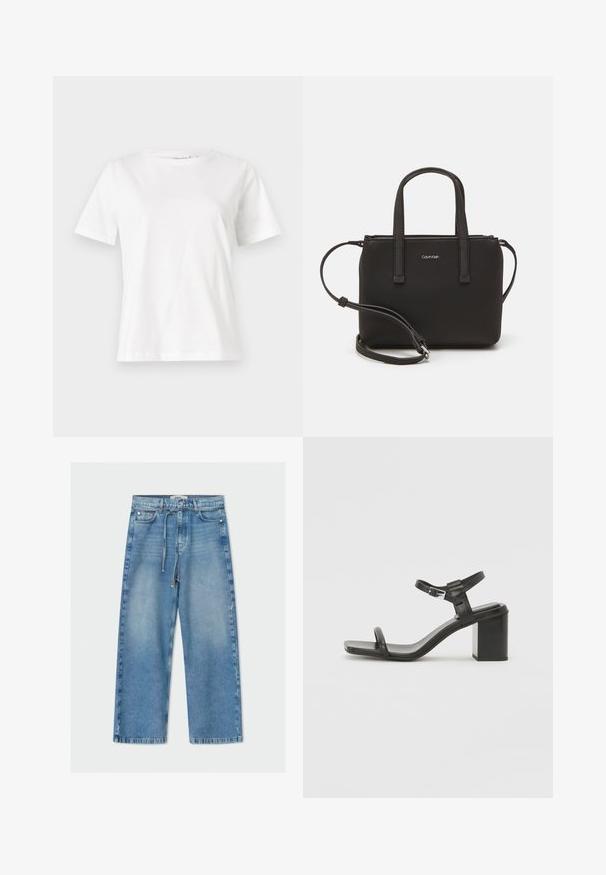 Hvid bomulds t-shirt med korte ærmer, rund halsudskæring og en afslappet pasform. Glat tekstur, ingen mønstre eller accenter, minimalistisk design.; Lyst blå denim wide-leg jeans med høj talje, snøre, fem-lomme design og rå kantdetalje.; Sorte lædersandaler med blokhæle, brede stropper over tåen og justerbar ankelrem, der har et slankt, minimalistisk design.; Sort håndtaske med to korte håndtag og en aftagelig skulderrem. Glat læderagtigt materiale med lynlåslukning og logo detaljer.