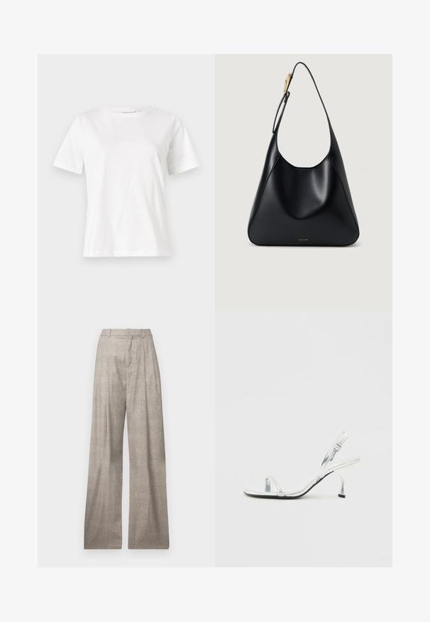 Valkoinen puuvillapaita lyhyillä hihoilla, pyöreällä kaula-aukolla ja rentolla istuvuudella. Sujuva rakenne, ei kuvioita tai yksityiskohtia, minimalistinen muotoilu.; Vaaleanharmaat, leveälahkeiset housut, joissa on hillitty hounds-tooth-kuosi, laskokset, vyölenkit ja sileä rakenne.; Hopeakilpoinen patentoitu nahkainen slingback-korkokengät, joissa on kapea varvasremmi, säädettävä solki ja hoikka korko.; Mustavälinen olkalaukku, jossa on sileä pinta, kaareva siluetti ja kultaiset yksityiskohdat. Laukussa on painettu tuotemerkin logo pohjassa.