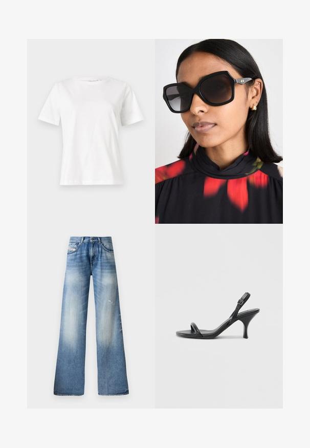 Bela bombažna majica s kratkimi rokavi, okroglo izrezana in ohlapnega kroja. Gladka tekstura, brez vzorcev ali dodatkov, minimalističen dizajn.; Svetlo modri široki kavbojke iz jeansa, z zbledelim pranjem, rahlim obrabljenjem, klasičnim pet-imenskimi žepi in gumbnim zapiranjem.; Črne usnjene visoke sandale s tankim, ukrivljenim petam in obliko križanih trakov. Nastavljiv trak okoli gležnja. Gladka tekstura.; Črne prevelike sončne očala z geometrijskim okvirjem, temno tintanimi lečami in zlatimi detajli, nosene z vrhom s cvetličnim vzorcem in visokim ovratnikom.