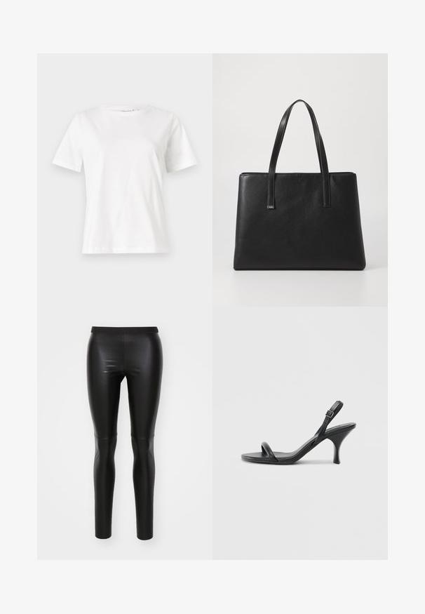 T-shirt bianca in cotone con maniche corte, scollatura rotonda e vestibilità rilassata. Struttura liscia, senza motivi né accenti, design minimalista.; Leggings neri realizzati in materiale liscio e elastico con una vita alta. Design aderente, costruzione senza cuciture e nessuna tasca visibile.; Sandali con tacco alto in pelle nera, con tacco sottile e curvo e design a fascia incrociata. Cinghia alla caviglia regolabile. Texture liscia.; Borsa a spalla nera in pelle con due manici lunghi, forma rettangolare, superficie testurizzata e design minimalista. Nessun hardware o accenti visibili.