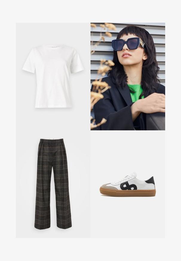 Hvid bomulds t-shirt med korte ærmer, rund halsudskæring og en afslappet pasform. Glat tekstur, ingen mønstre eller accenter, minimalistisk design.; Vide ben bukser i et mørkt ternet mønster, med dybe plisseringer, lavet af struktureret stof i nuancer af sort og brun.; Hvide lærreds sneakers med sort logo, suedelæderdetaljer og gummisål. Har flade hvide snørebånd og en rund tådesign.; Overdimensionerede sorte solbriller med en tyk ramme og guld accenter, båret med en sort blazer og en lys grøn skjorte, mod en horisontal baggrund.