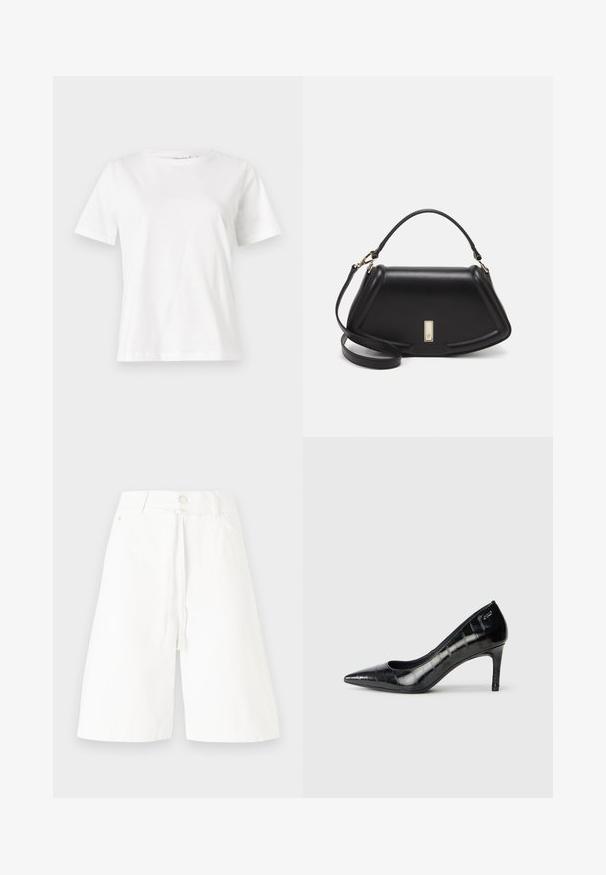 T-shirt bianca in cotone con maniche corte, scollatura rotonda e vestibilità rilassata. Struttura liscia, senza motivi né accenti, design minimalista.; Culotte in denim bianco con vita a media altezza, dettagli con fiocco davanti e gambe larghe. Un design semplice senza motivi o decorazioni visibili.; Décolleté nere con punta affusolata, finitura lucida e un sottile motivo testurizzato. Presentano un tacco moderato e un design con apertura sulla parte superiore.; Borsa a mano in pelle nera con un design strutturato, caratterizzata da una forma corta, manico superiore e accessori in metallo dorato. Inclusa tracolla regolabile.