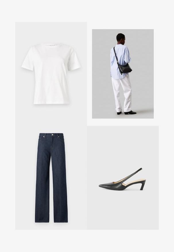 Valge puuvillane T-särk lühikeste varrukatega, ümmarguse kaelusega ja vabalt istuv. Sile tekstuur, ilma mustrite ja aktsentideta, minimalistik disain.; Tumedat teksasist laiad püksid, millel on kõrge talje, vööklambrid ja klassikaline viie taskuga disain. Sile tekstuur koos õrnade pleekimisega.; Must mustaga, terav varvas, madala kontsaga sildiga king, mis on valmistatud siledast nahast ja mille küljel on lõike disain hingavuse tagamiseks.; Must have mustras alasi nahkpatsi, pehme tekstuuriga, kolmnurkse kujuga ja reguleeritava rihmaga, koos helesinise triibulise särgi ja valgete pükstega.