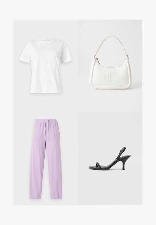 Bijela pamučna majica s kratkim rukavima, okruglim izrezom i opuštenim krojem. Glatka tekstura, bez uzoraka ili akcenata, minimalistički dizajn.; Svijetloplave trenirke izrađene od mekog materijala s elastičnim pojasom i podesivom čipkom; suženi kroj nogavica.; Crne kožne sandale na visoku petu s tankom, zakrivljenom petom i dizajnom prekriženih traka. Podesiva traka oko gležnja. Glatka tekstura.; Bijela kožna torba s zakrivljenim oblikom, koja na prednjoj strani ima utisnut logotip "CK" i jedan remen za nošenje preko ramena. Zatvaranje na munju na vrhu.