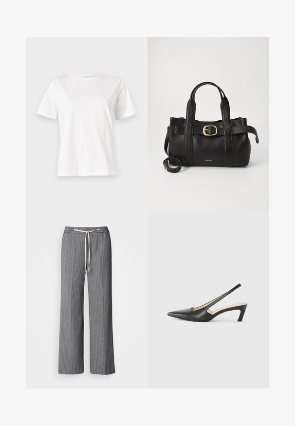 T-shirt en coton blanc à manches courtes, col rond et coupe décontractée. Texture lisse, sans motifs ni accents, design minimaliste.; Pantalons larges à rayures gris en tissu texturé. Dotés d'une taille élastique avec un cordon crème.; Slingback noir à bout pointu avec un petit talon, en cuir lisse et doté d'un design découpé sur le côté pour plus de respirabilité.; Sac à main en cuir noir présentant un design structuré, deux poignées supérieures, un accent de boucle en ton doré et un logo de la marque en relief à l'avant.