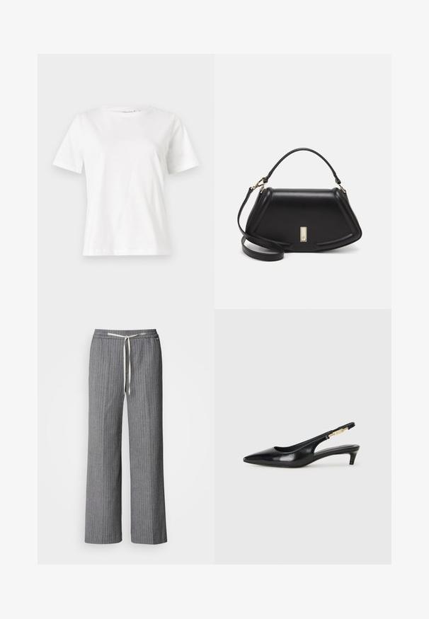 T-shirt bianca in cotone con maniche corte, scollatura rotonda e vestibilità rilassata. Struttura liscia, senza motivi né accenti, design minimalista.; Pantaloni larghi a righe grigie realizzati in tessuto testurizzato. Presentano un elastico in vita con un cordoncino color crema.; Tacchi slingback in pelle nera con punta affusolata, caratterizzati da un tacco alto e un accento dorato sulla cinghia regolabile. Texture liscia.; Borsa a mano in pelle nera con un design strutturato, caratterizzata da una forma corta, manico superiore e accessori in metallo dorato. Inclusa tracolla regolabile.
