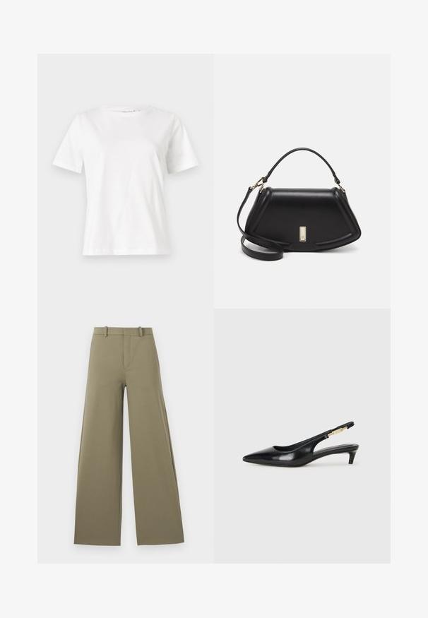 Witte katoenen t-shirt met korte mouwen, ronde halslijn en een ontspannen pasvorm. Gladde textuur, geen patronen of accenten, minimalistisch ontwerp.; Lichtgroene wijde broek met een gladde textuur, voorzien van een voorrits, ceintuurlussen en twee zijzakken.; Zwarte leren slingback hakken met een spitse neus, voorzien van een slanke hak en een goudkleurige accent op de verstelbare band. Gladde textuur.; Zwarte leren handtas met een gestructureerd ontwerp, featuring een verkorte vorm, bovenhandvat en gouden hardwareaccent. Inclusief verstelbare schouderband.