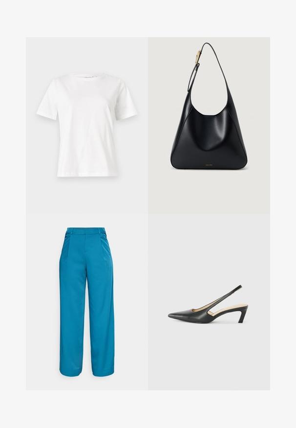 Vit bomullströja med korta ärmar, rund halsringning och en avslappnad passform. Slät textur, inga mönster eller detaljer, minimalistisk design.; Breda byxor i livlig teal, tillverkade av ett mjukt tyg. Har framfållar, midjehög midja och inga synliga fickor.; Svart spetsig slingback-sko med låg klack, som har ett slätt lädermaterial och utskärningsdesign på sidan för andningsförmåga.; Svart läderaxelväska med en slät yta, böjd silhuett och en gulddetalj. Har en präglad logotyp vid basen.