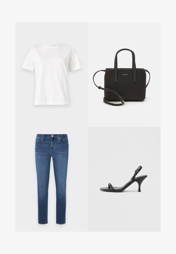 Camiseta de algodón blanca de manga corta, con cuello redondo y un corte relajado. Textura suave, sin patrones ni acentos, diseño minimalista.; Jeans ajustados de denim azul oscuro con una textura suave, que cuentan con un cierre de cremallera y botón, cinco bolsillos y costuras en contraste.; Sandalias de tacón alto de cuero negro con un tacón delgado y curvado y un diseño de tiras cruzadas. Correa para el tobillo ajustable. Textura suave.; Bolso de mano negro con dos asas cortas y una correa de hombro removible. Material suave tipo cuero con cierre de cremallera y detalle del logo.