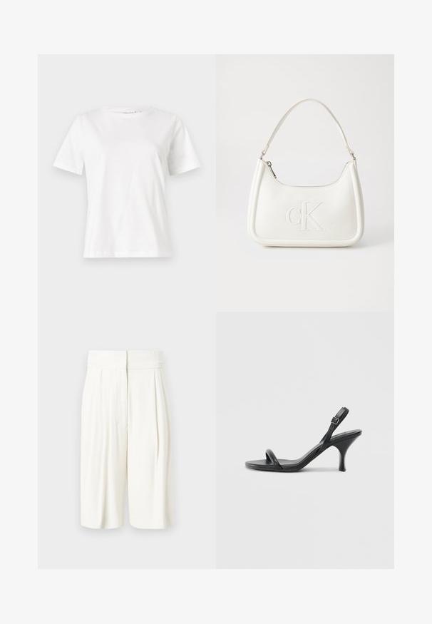 Weißes Baumwoll-T-Shirt mit kurzen Ärmeln, Rundhalsausschnitt und lockerer Passform. Glatte Textur, keine Muster oder Akzente, minimalistisches Design.; Weiße plissierte Shorts mit hohem Bund. Glatter Stoff mit einer lässigen Form, ausgestattet mit Seitentaschen und einem knielangen Schnitt.; Schwarze Leder-Sandalen mit hohen Absätzen, schlankem, gebogenem Absatz und gekreuztem Riemendesign. Verstellbarer Knöchelriemen. Glatte Textur.; Weiße Lederhandtasche mit abgerundeter Form, ausgestattet mit einem geprägten "CK"-Logo auf der Vorderseite und einem Einzel-Schultergurt. Reißverschluss oben.