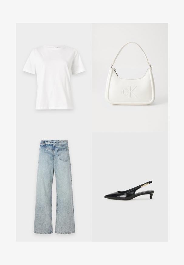 Baltas kokvilnas T-krekls ar īsām piedurknēm, apaļu kakla izgriezumu un brīvu piegriezumu. Gluda tekstūra, bez rakstiem vai akcentiem, minimālistisks dizains.; Gaiši zili platām kājām džinsi, izgatavoti no denima, ar augstu jostasvietu, piecām kabatām un nolietojumu, lai sasniegtu vintage izskatu. Šuvumi ir izšūti, un izskats ir tīrs.; Melnas ādas slingback zābaki ar smailu purngalu, ar šauru papēdi un zelta krāsas akcentu uz regulējama siksniņas. Gluda tekstūra.; Balta ādas rokassoma ar noapaļotu formu, uz kuras priekšpuses ir izgriezts "CK" logo un viena plecu siksna. Augšā aizverama ar rāvējslēdzēju.