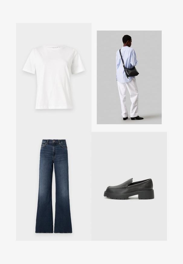 Bílý bavlněný tričko s krátkým rukávem, kulatým výstřihem a volnějším střihem. Hladká textura, bez vzorů nebo akcentů, minimalistický design.; Široké tmavě modré džíny s vysokým pasem. Obsahují klasický design pěti kapes a jemné vyblednutí na stehnech. Zapínání na kovový knoflík.; Černé kožené mokasíny s okrouhlou špičkou, silnou strukturovanou podrážkou a minimálními detaily šití. Elegantní design bez viditelných tkaniček nebo kovových prvků.; Černá kožená kabelka přes rameno s jemnou texturou, trojúhelníkovým tvarem a nastavitelným popruhem, v kombinaci se světle modrou pruhovanou košilí a bílými kalhotami.