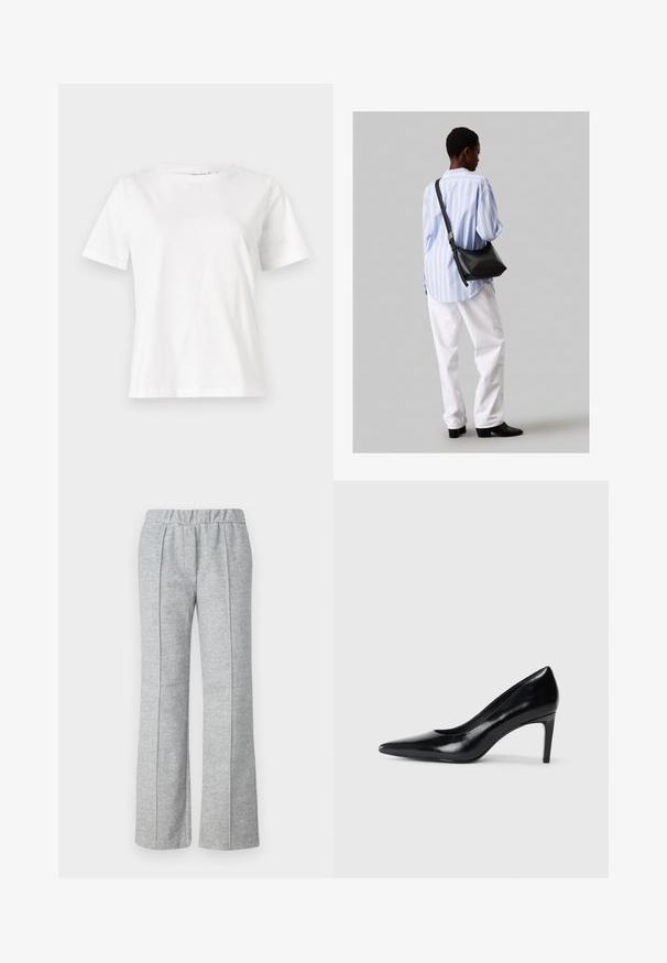 Valkoinen puuvillapaita lyhyillä hihoilla, pyöreällä kaula-aukolla ja rentolla istuvuudella. Sujuva rakenne, ei kuvioita tai yksityiskohtia, minimalistinen muotoilu.; Harmaat, leveät housut, jotka on valmistettu teksturoidusta kankaasta; sisältää joustavan vyötärön ja laskostetut etuosat. Yksinkertainen, minimalistinen muotoilu.; Mustat nahkakengät korkealla korolla, terävä kärki, sileä pinta ja kapeneva korko. Minimalistinen muotoilu, ei ylimääräisiä koristeita.; Musta nahkainen olkalaukku, jossa on pehmeä rakenne, kolmion muoto ja säädettävä hihna, yhdistettynä vaaleansiniseen raidalliseen paitaan ja valkoisiin housuihin.