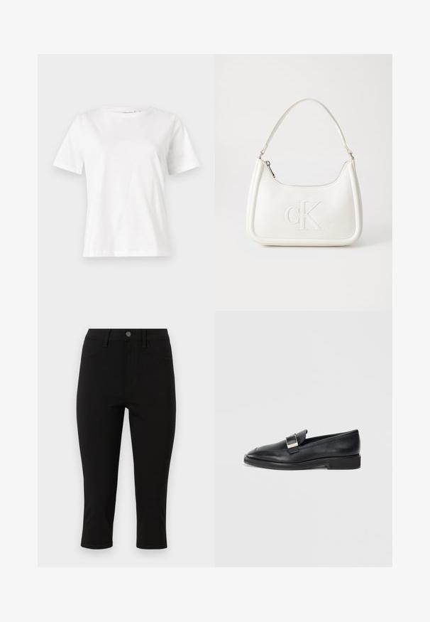 Biała bawełniana koszulka z krótkim rękawem, okrągłym dekoltem i luźnym krojem. Gładka tekstura, brak wzorów lub dodatków, minimalistyczny design.; Czarne spodnie capri wykonane z elastycznego materiału. Posiadają przednie kieszenie, elastyczny pas z metalowym guzikiem oraz przeszycia.; Czarne skórzane mokasyny z prostokątną srebrną klamrą na górze i niskim obcasem na białym tle.; Biała skórzana torebka o zaokrąglonym kształcie, z wytłoczonym logo "CK" z przodu i pojedynczym paskiem na ramię. Zapięcie na zamek z góry.