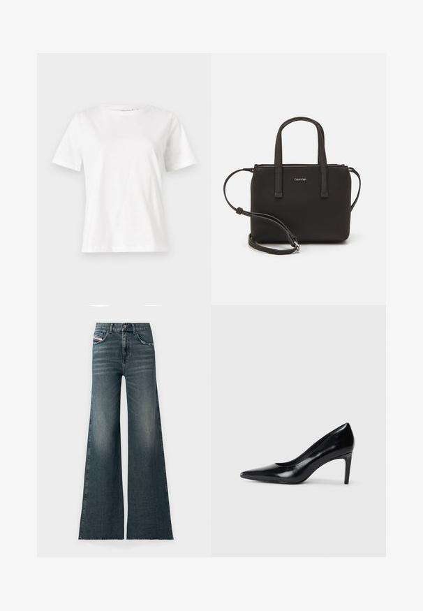 White cotton t-shirt with short sleeves, round neckline, and a relaxed fit. Smooth texture, no patterns or accents, minimalistic design.; Wide-leg jeans in dark blue denim with a slightly faded texture, featuring front pockets and a button closure at the waist.; Black leather high heel shoe with a pointed toe, smooth texture, and a tapered heel. Minimalist design, no additional embellishments.; Black handbag with dual short handles and a removable shoulder strap. Smooth leather-like material with a zip closure and logo detail.