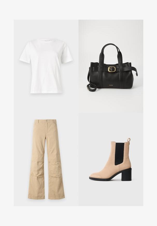 Camiseta de algodón blanca de manga corta, con cuello redondo y un corte relajado. Textura suave, sin patrones ni acentos, diseño minimalista.; Pantalones de pierna ancha beige con un ajuste relajado, hechos de algodón, con costuras visibles, bolsillos delanteros y cierre de botón.; Botín de ante beige hasta el tobillo con un tacón ancho, que presenta un elástico negro a los lados y una pestaña en la parte posterior. Textura suave y diseño de punta redondeada.; Bolso de cuero negro con un diseño estructurado, doble mango superior, detalle de hebilla en tono dorado y logo de la marca grabado en la parte frontal.