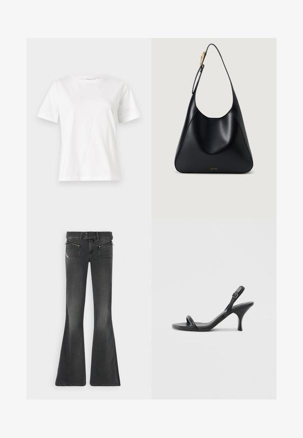 White cotton t-shirt with short sleeves, round neckline, and a relaxed fit. Smooth texture, no patterns or accents, minimalistic design.; Black flared jeans featuring two front zip pockets, a double-button waistband, and a faded finish. The fabric has a smooth texture.; Black leather high-heeled sandals with a slim, curved heel and a crossed strap design. Adjustable ankle strap. Smooth texture.; Black leather shoulder bag with a smooth texture, curved silhouette, and a gold hardware accent. Features embossed brand logo at the base.