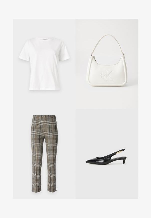 Witte katoenen t-shirt met korte mouwen, ronde halslijn en een ontspannen pasvorm. Gladde textuur, geen patronen of accenten, minimalistisch ontwerp.; Geruite broeken met een grijs, zwart en gele patroon, tailored fit, rits aan de voorkant en subtiele inkepingen bij de enkel in de zoom.; Zwarte leren slingback hakken met een spitse neus, voorzien van een slanke hak en een goudkleurige accent op de verstelbare band. Gladde textuur.; Witte lederen handtas met een gebogen vorm, voorzien van een reliëf "CK" logo aan de voorkant en een enkele schouderriem. Ritsluiting aan de bovenkant.