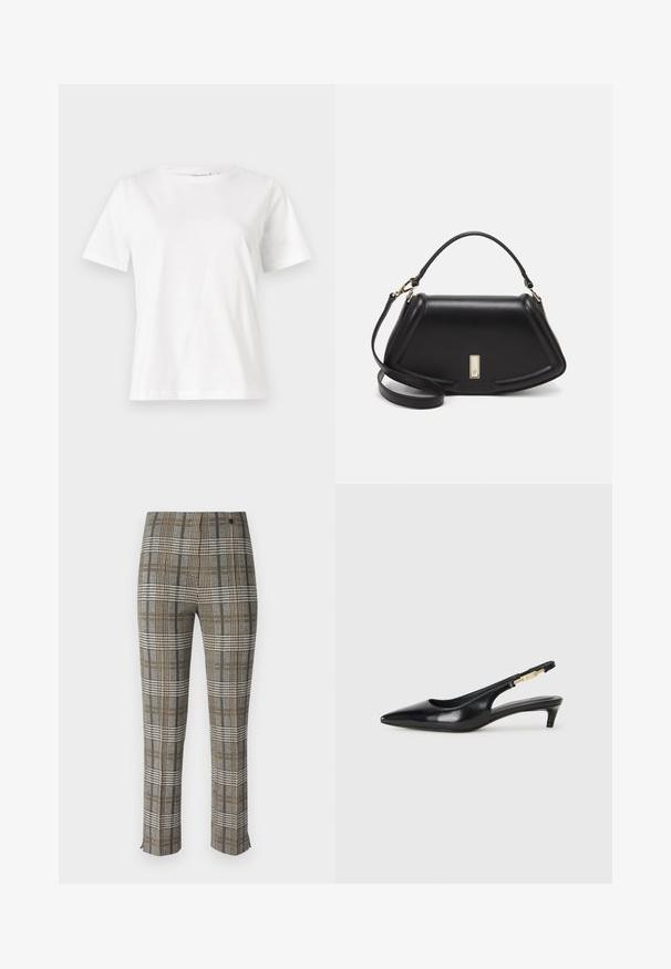 T-shirt bianca in cotone con maniche corte, scollatura rotonda e vestibilità rilassata. Struttura liscia, senza motivi né accenti, design minimalista.; Pantaloni a quadri con un motivo grigio, nero e giallo, vestibilità sartoriale, chiusura frontale con zip e sottili spacchi all'orlo.; Tacchi slingback in pelle nera con punta affusolata, caratterizzati da un tacco alto e un accento dorato sulla cinghia regolabile. Texture liscia.; Borsa a mano in pelle nera con un design strutturato, caratterizzata da una forma corta, manico superiore e accessori in metallo dorato. Inclusa tracolla regolabile.