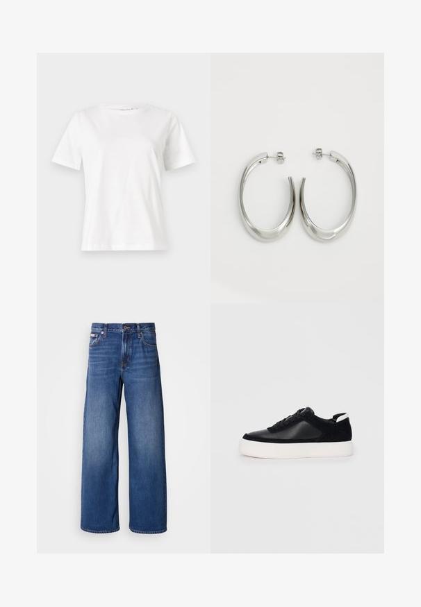 Camiseta de algodón blanca de manga corta, con cuello redondo y un corte relajado. Textura suave, sin patrones ni acentos, diseño minimalista.; Jeans de mezclilla de pierna ancha en azul oscuro, con una cintura alta, cinco bolsillos y un sutil desvanecimiento en la parte delantera para mayor textura y detalle.; Zapatilla negra con paneles de cuero liso y de ante, cordones planos, punta redondeada y una suela de goma blanca. Logotipo distintivo en el talón.; Pendientes de aro de plata con un diseño curvado y suave. Presentan un acabado metálico brillante y cierre de presión. Sin patrones ni acentos visibles.