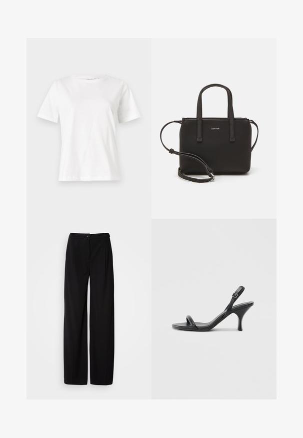 White cotton t-shirt with short sleeves, round neckline, and a relaxed fit. Smooth texture, no patterns or accents, minimalistic design.; Black wide-leg pants with a smooth, woven fabric; featuring a button closure and pleated design for a structured silhouette.; Black leather high-heeled sandals with a slim, curved heel and a crossed strap design. Adjustable ankle strap. Smooth texture.; Black handbag with dual short handles and a removable shoulder strap. Smooth leather-like material with a zip closure and logo detail.