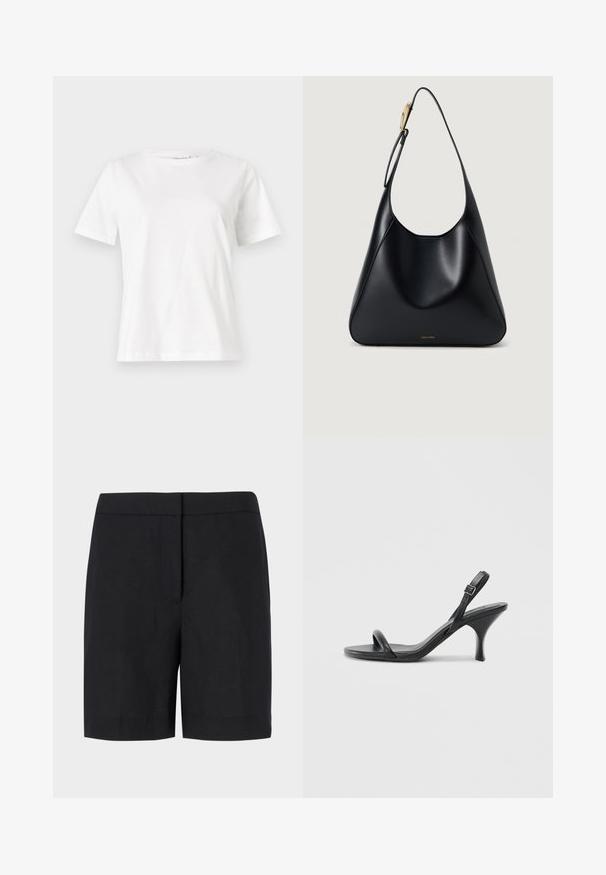 Fehér pamut póló rövid ujjakkal, kerek nyakkivágással és laza szabással. Sima textúra, nincsenek minták vagy díszítések, minimalista dizájn.; Fekete, könnyű anyagból készült rövidnadrág, klasszikus egyenes szabással, minimalista dizájnnal, látható hardver vagy minták nélkül.; Fekete bőrből készült, magassarkú szandál, vékony, ívelt sarokkal és keresztben átkötött pántokkal. Állítható bokapánt. Sima felület.; Fekete bőr válltáska sima textúrával, ívelt szilüettel és arany színű fém díszítéssel. Az alján bemart márkalogó található.