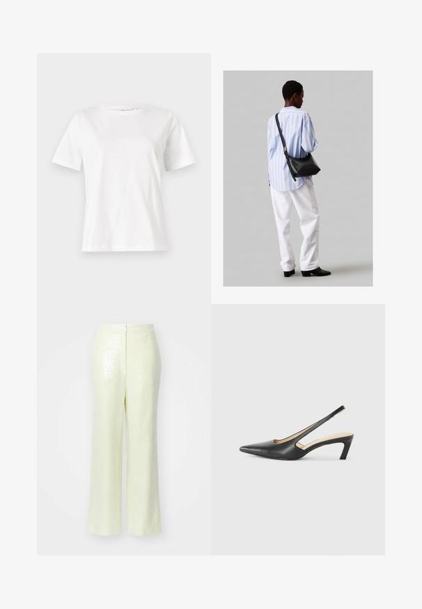 White cotton t-shirt with short sleeves, round neckline, and a relaxed fit. Smooth texture, no patterns or accents, minimalistic design.; Light yellow, sequined trousers with a wide-leg silhouette, featuring a smooth texture and a discreet back zipper for closure.; Black pointy-toed slingback shoe with a low heel, featuring smooth leather material and cut-out design on the side for breathability.; Black leather shoulder bag with a soft texture, triangular shape, and adjustable strap, paired with a light blue striped shirt and white pants.