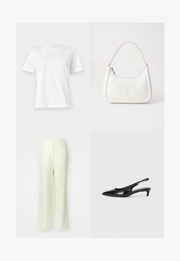 Bílý bavlněný tričko s krátkým rukávem, kulatým výstřihem a volnějším střihem. Hladká textura, bez vzorů nebo akcentů, minimalistický design.; Světle žluté, sequined kalhoty s širokými nohavicemi, které mají hladkou texturu a diskrétní zadní zip pro zapínání.; Černé kožené boty na podpatku s otevřenou patou a špičatou špičkou, s tenkým podpatkem a zlatým akcentem na nastavitelném pásku. Hladký povrch.; Bílá kožená kabelka s křivkovým tvarem, na přední straně s vyraženým logem "CK" a jediným ramenním popruhem. Zipový uzávěr na vrchu.