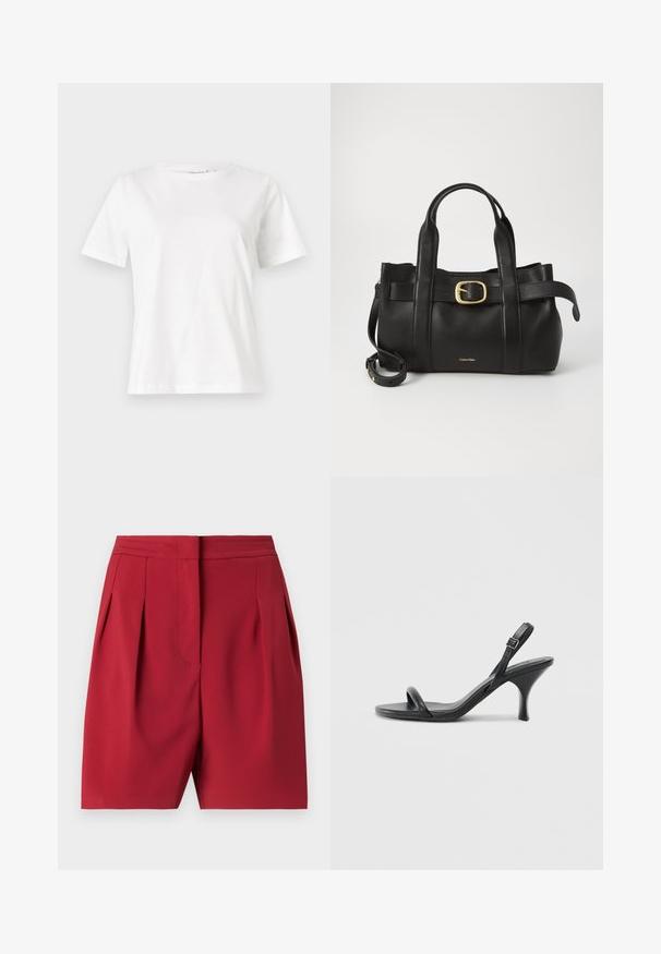 Hvid bomulds t-shirt med korte ærmer, rund halsudskæring og en afslappet pasform. Glat tekstur, ingen mønstre eller accenter, minimalistisk design.; Røde skræddersyede shorts med plisseringer, lavet af glat stof. Har en struktureret talje og rene linjer, der giver en raffineret silhuet.; Sorte læder højhælede sandaler med en slank, buet hæl og et krydset stropdesign. Justerbar ankelrem. Glat tekstur.; Sort læderhåndtaske med et struktureret design, dobbelte toppegreb, guldtonet spændeaccents og præget logo på forsiden.