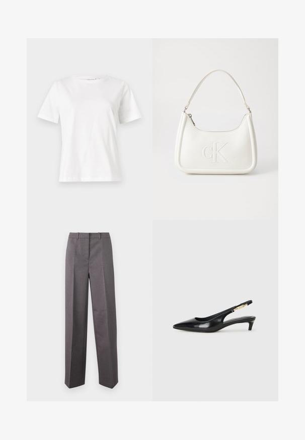 Tricou alb din bumbac cu mâneci scurte, guler rotund și o croială relaxată. Textură netedă, fără imprimeuri sau accente, design minimalist.; Pantaloni gri croiți dintr-un material texturat, având un design cu picioare drepte, față plată și bucle pentru curea.; Sandale slingback din piele neagră cu vârf ascuțit, având un toc subțire și un accent de culoare aurie pe curea ajustabilă. Textură netedă.; Geantă de umăr din piele albă cu formă curbată, având un logo "CK" embosat pe partea din față și un singur braț de umăr. Închidere cu fermoar în partea de sus.