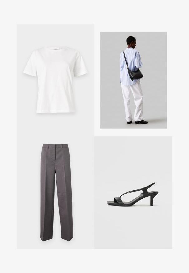 Valge puuvillane T-särk lühikeste varrukatega, ümmarguse kaelusega ja vabalt istuv. Sile tekstuur, ilma mustrite ja aktsentideta, minimalistik disain.; Halli sihvatud püksid, mis on valmistatud tekstureeritud kangast, sirge jala disainiga, lamedate esiosadega ja vöökandmistega.; Mustad musta kõrge kontsaga sandaalid, millel on õhuke rihmastik, ruudukujuline nina ja keskmise kõrgusega plokknina. Valmistatud siledast nahast mattviimistlusega.; Must have mustras alasi nahkpatsi, pehme tekstuuriga, kolmnurkse kujuga ja reguleeritava rihmaga, koos helesinise triibulise särgi ja valgete pükstega.
