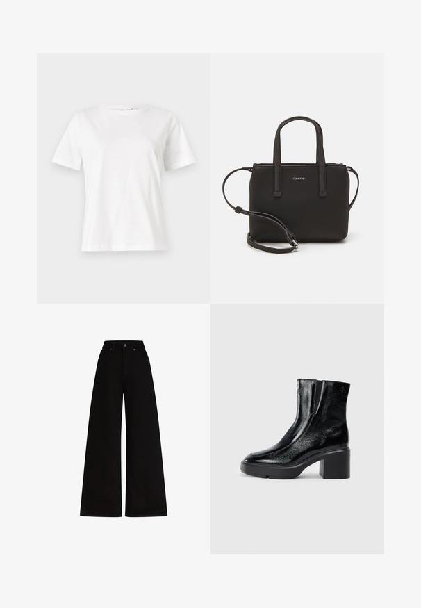 Bela bombažna majica s kratkimi rokavi, okroglo izrezana in ohlapnega kroja. Gladka tekstura, brez vzorcev ali dodatkov, minimalističen dizajn.; Široke črne denim hlače z visokim pasom, z metalnim gumbom za zapiranje in dvema sprednjima žepoma. Gladka tekstura z minimalnim dizajnom.; Črne lakirane gležnjarje z ukrivljenim nosom, elastičnimi stranskimi paneli in debelim blokastim peto. Imajo vtisnjen logotip na zadnjem delu.; Črna torbica z dvema kratkima ročajema in odstranljivim naramnim trakom. Gladek usnju podoben material z zadrgo in podrobnostmi z logotipom.