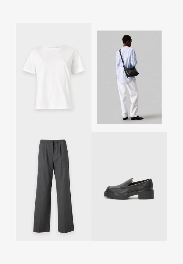 Bílý bavlněný tričko s krátkým rukávem, kulatým výstřihem a volnějším střihem. Hladká textura, bez vzorů nebo akcentů, minimalistický design.; Šedé volné kalhoty s texturovaným povrchem, vybavené zapínáním na knoflík a elastickým pasem pro pohodlí. S podrobným zpracováním a skladbami.; Černé kožené mokasíny s okrouhlou špičkou, silnou strukturovanou podrážkou a minimálními detaily šití. Elegantní design bez viditelných tkaniček nebo kovových prvků.; Černá kožená kabelka přes rameno s jemnou texturou, trojúhelníkovým tvarem a nastavitelným popruhem, v kombinaci se světle modrou pruhovanou košilí a bílými kalhotami.