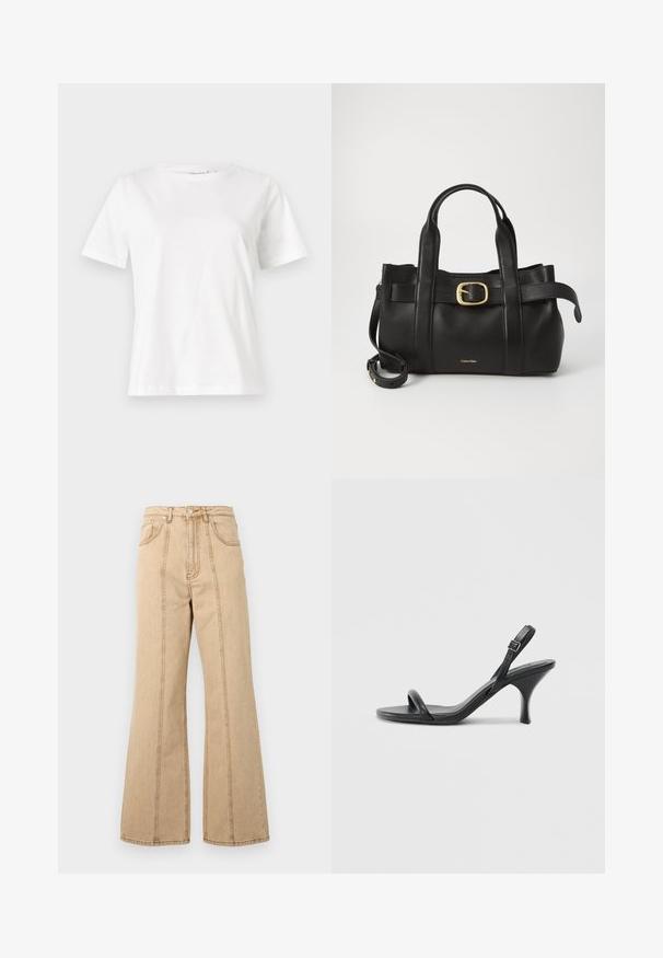 White cotton t-shirt with short sleeves, round neckline, and a relaxed fit. Smooth texture, no patterns or accents, minimalistic design.; Beige wide-leg jeans featuring a high waist, five pockets, and contrasting stitching for added detail. Cotton fabric with a smooth texture.; Black leather high-heeled sandals with a slim, curved heel and a crossed strap design. Adjustable ankle strap. Smooth texture.; Black leather handbag featuring a structured design, dual top handles, gold-tone buckle accent, and embossed brand logo at the front.