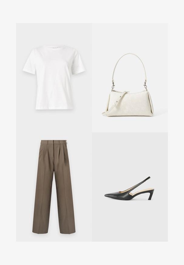 Fehér pamut póló rövid ujjakkal, kerek nyakkivágással és laza szabással. Sima textúra, nincsenek minták vagy díszítések, minimalista dizájn.; Barna, testhezálló nadrág, széles szabással, pliszírozással és sima textúrával. Felszereltsége: illeszkedő derékpánt és övbújtatók.; Fekete, hegyes orrú, slingback cipő alacsony sarkával, sima bőrből készült, oldalt kivágott deisgnal a légáteresztőképesség érdekében.; Fehér kézitáska sima textúrával, ívelt sziluettel és állítható vállpánttal. Diszkrét logó minta és ezüstszínű kiegészítők jellemzik.