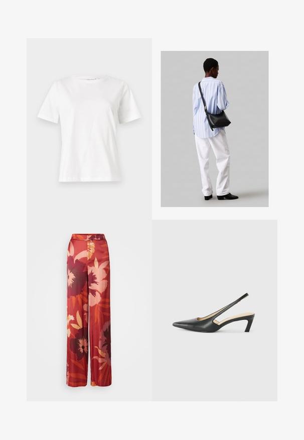 Hvit bomull t-skjorte med korte ermer, rund hals og avslappet passform. Glatt tekstur, ingen mønstre eller detaljer, minimalistisk design.; Løse bukser med blomsterprint i røde og ferskenfarvede nuancer, prydet med store, stiliserede blomster og bladmønstre, lavet af blødt stof med en afslappet pasform.; Svart spiss tå slingback-sko med lav hæl, laget av jevnt skinnmateriale og med utskåret design på siden for pusteevne.; Svart lær skulderveske med en myk tekstur, trekantet form og justerbar stropp, kombinert med en lyseblå stripete skjorte og hvite bukser.
