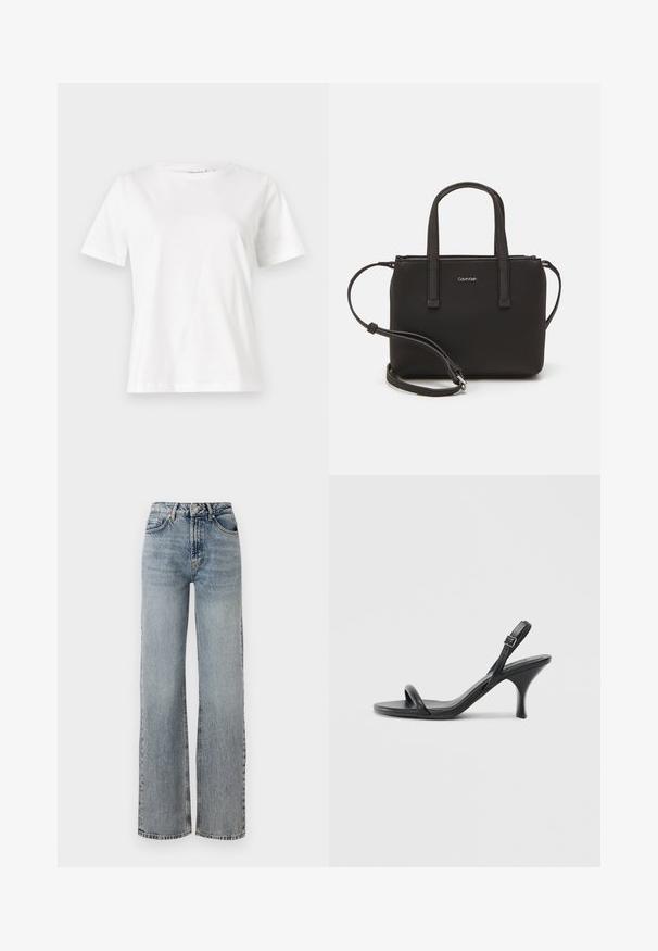 Bela bombažna majica s kratkimi rokavi, okroglo izrezana in ohlapnega kroja. Gladka tekstura, brez vzorcev ali dodatkov, minimalističen dizajn.; Svetlo modri traper hlaci z visokim pasom, širokimi nogavicami, izblitjem in subtilnimi poškodbami. Klasičen stil s petimi žepi.; Črne usnjene visoke sandale s tankim, ukrivljenim petam in obliko križanih trakov. Nastavljiv trak okoli gležnja. Gladka tekstura.; Črna torbica z dvema kratkima ročajema in odstranljivim naramnim trakom. Gladek usnju podoben material z zadrgo in podrobnostmi z logotipom.