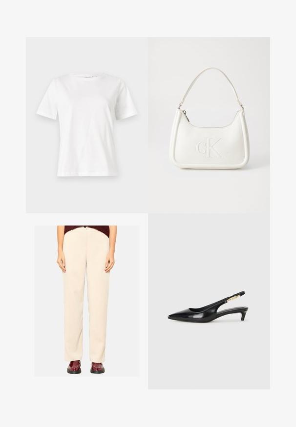 Biała bawełniana koszulka z krótkim rękawem, okrągłym dekoltem i luźnym krojem. Gładka tekstura, brak wzorów lub dodatków, minimalistyczny design.; Beżowe spodnie kordowe o prostym kroju, z szerokimi nogawkami i prążkowaną teksturą, w połączeniu z błyszczącymi bordowymi butami.; Czarne skórzane szpilki typu slingback z ostrym noskiem, posiadające smukły obcas i złoty akcent na regulowanym pasku. Gładka tekstura.; Biała skórzana torebka o zaokrąglonym kształcie, z wytłoczonym logo "CK" z przodu i pojedynczym paskiem na ramię. Zapięcie na zamek z góry.