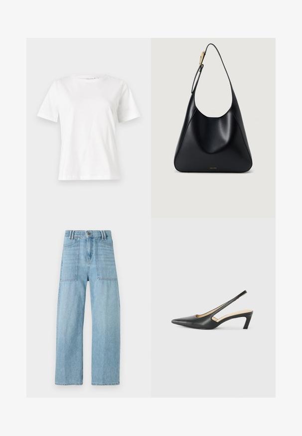 Vit bomullströja med korta ärmar, rund halsringning och en avslappnad passform. Slät textur, inga mönster eller detaljer, minimalistisk design.; Ljusblå denimjeans med hög midja, vida ben och två stora framfickor. Tyget har en jämn textur och subtila blekningar.; Svart spetsig slingback-sko med låg klack, som har ett slätt lädermaterial och utskärningsdesign på sidan för andningsförmåga.; Svart läderaxelväska med en slät yta, böjd silhuett och en gulddetalj. Har en präglad logotyp vid basen.
