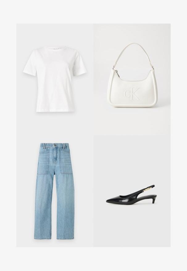 T-shirt de algodão branco com mangas curtas, decote redondo e um corte descontraído. Textura suave, sem padrões ou detalhes, design minimalista.; Jeans de ganga azul claro com uma cintura alta, pernas largas e dois grandes bolsos frontais. O tecido apresenta uma textura suave e um desvanecimento subtil.; Saltos slingback em couro preto com bico fino, apresentando um salto esguio e um detalhe em tom dourado na alça ajustável. Textura suave.; Mala de mão branca em pele com uma forma curva, apresentando um logo "CK" em relevo na frente e uma alça de ombro única. Fecho com zíper na parte superior.