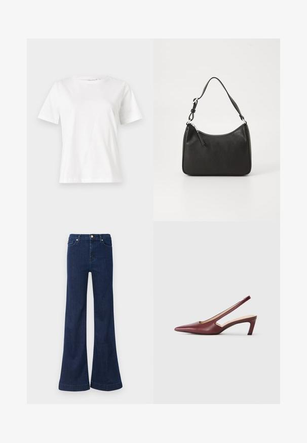 White cotton t-shirt with short sleeves, round neckline, and a relaxed fit. Smooth texture, no patterns or accents, minimalistic design.; Dark blue flared jeans made from denim, featuring a high waist, subtle whiskering, and gold hardware on the front pockets and closure.; Burgundy slingback heels with a pointed toe, cutout details on the side, and a mid-height block heel. Smooth leather finish.; Black leather handbag with a curved shape, a single strap, zip closure, and subtle branding on the front. Smooth texture, minimalist design.