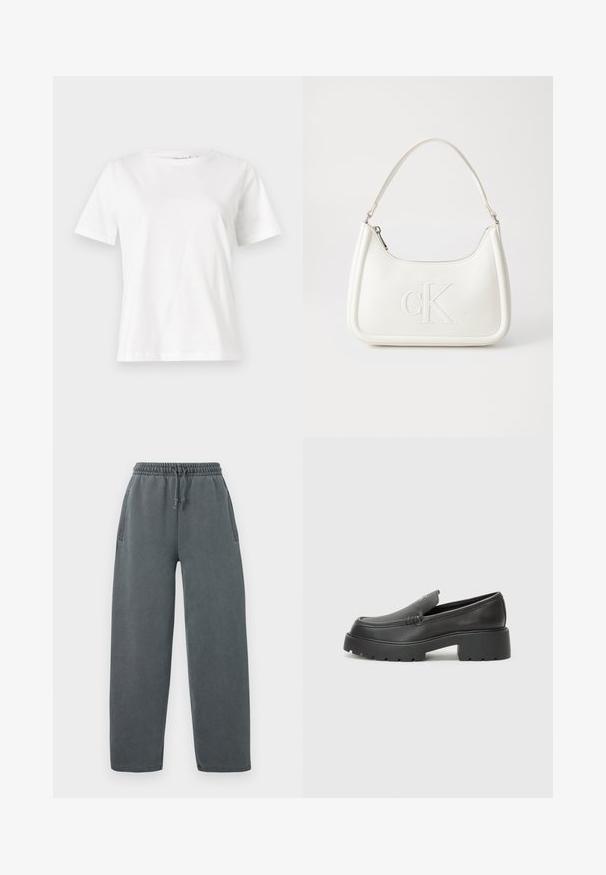 Weißes Baumwoll-T-Shirt mit kurzen Ärmeln, Rundhalsausschnitt und lockerer Passform. Glatte Textur, keine Muster oder Akzente, minimalistisches Design.; Graue Sweatpants mit einem elastischen Kordelzugbund, Seitentaschen und einer komfortablen Passform. Hergestellt aus einem weichen, strukturierten Stoff.; Schwarze Lederloafer mit einer abgerundeten Spitze, dicker strukturierten Laufsohle und minimalen Nähten. Schlankes Design ohne sichtbare Schnürsenkel oder Beschläge.; Weiße Lederhandtasche mit abgerundeter Form, ausgestattet mit einem geprägten "CK"-Logo auf der Vorderseite und einem Einzel-Schultergurt. Reißverschluss oben.