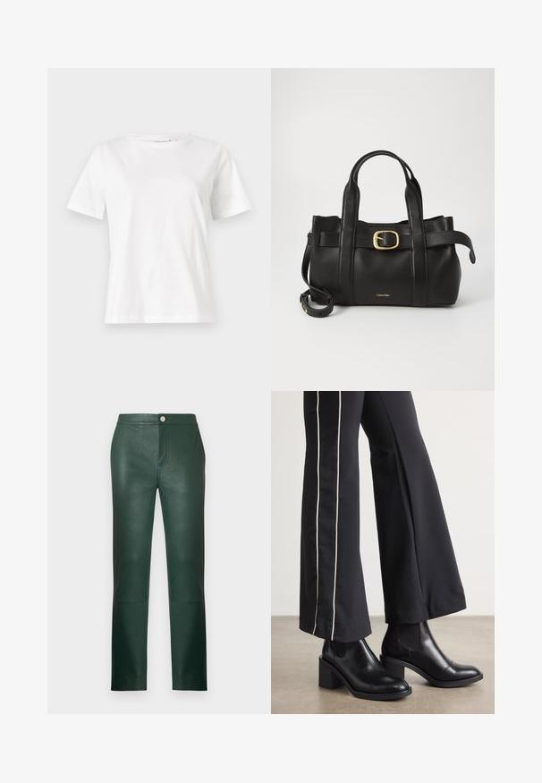 Valkoinen puuvillapaita lyhyillä hihoilla, pyöreällä kaula-aukolla ja rentolla istuvuudella. Sujuva rakenne, ei kuvioita tai yksityiskohtia, minimalistinen muotoilu.; Vihreät nahkahousut, joissa on suora lahkeen malli, vetoketjullinen haarakiinnitys ja etutasku. Sileä pinta, jossa on kevyt kiilto ja vähän koristeosia.; Mustat nahkasaappaat nilkkapituisilla, lohkareella, joissa on joustavat sivupaneelit. Yhdistetty mustiin housuihin, joissa on valkoinen sivuraita.; Musta nahkakäsilaukku, jossa on struktuurinen muotoilu, kaksoiskahvat, kultasävyinen solkiaksentti ja kohokuvioitu brändilogo edessä.