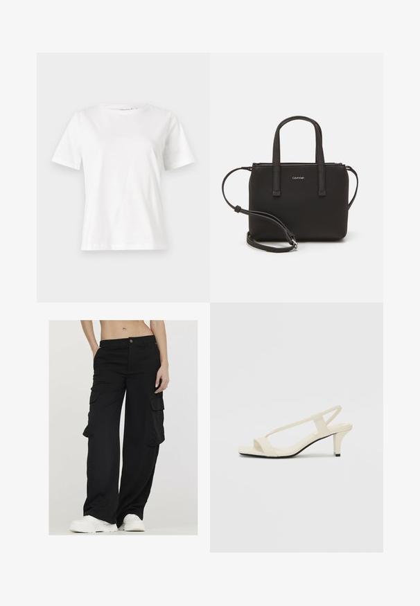 Witte katoenen t-shirt met korte mouwen, ronde halslijn en een ontspannen pasvorm. Gladde textuur, geen patronen of accenten, minimalistisch ontwerp.; Zwarte wijde cargobroek met zijzakken, gemaakt van een gladde stof, met een sluiting met een knoop aan de voorkant en een ontspannen pasvorm. Witte sneakers.; Beige blockhak sandalen met dunne bandjes en een vierkante neus. Glad materiaal met minimale details, ontworpen voor eenvoudig dragen.; Zwarte handtas met dubbele korte handvatten en een afneembare schouderriem. Glad, leerachtig materiaal met een ritssluiting en logo-detail.